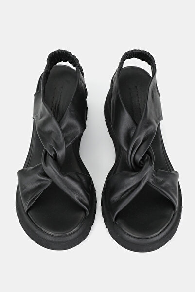 TUNAELLİ Women's Black Genuine Leather 36-41 Number Flat Filled Mid-Heel Band Sandals