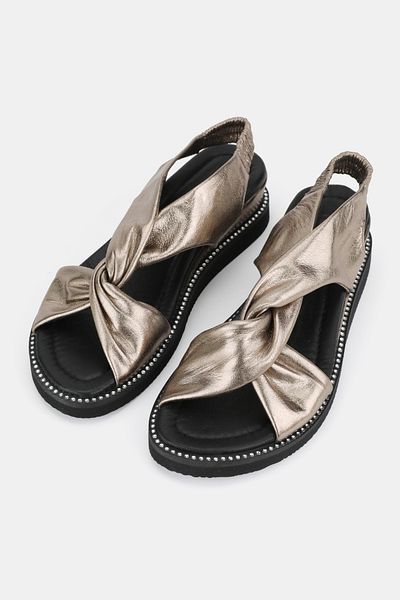 TUNAELLİ Women's Nickel Black Khaki Leather 36-41-42 Number Flat Wedge Heels Band Sandals