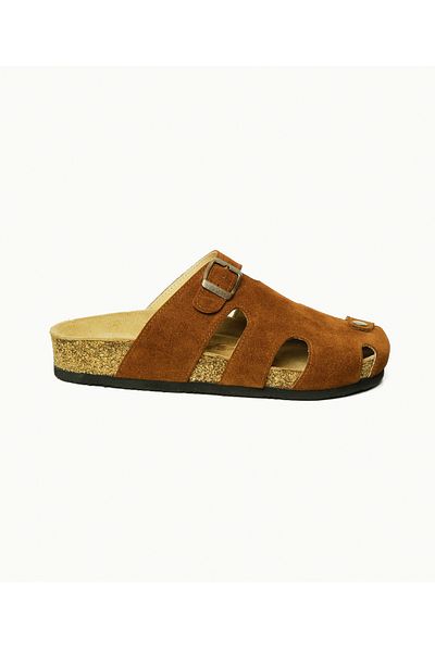 Lemoors Diego Natural Cork Sole Inside and Outside Genuine Suede Leather Cinnamon Color Sabo Slippers