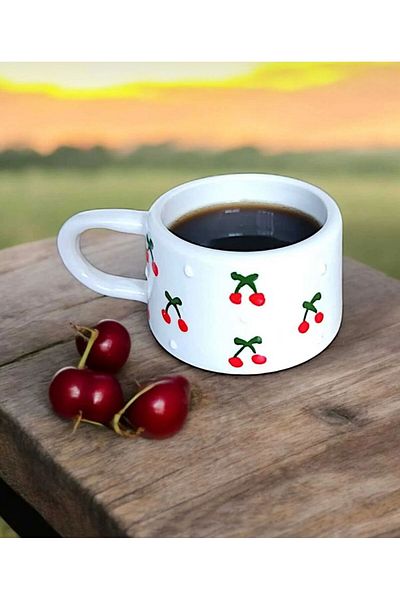 RGS HOMELİFE Set of 2 Handmade Cherry Patterned Mug Cups