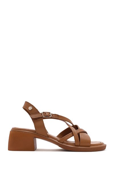 Derimod Women's Tan Ankle Buckle Short Thick Heeled Leather Sandals 25Sfd131018