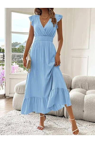 WellSoft Rochie musulmană cu mânecă scurtă pentru femei, cu guler dublu, cu talie elastică