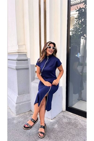 BÜŞRA TEZEL MODA Women's Short Sleeve Collar and Hem Zippered Midi Viscose Two Thread Dress