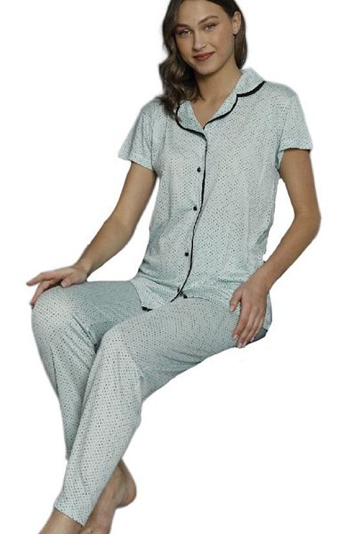 bipamuk Gaia Touch Design Shirt Collar Women's Pajamas Set Combed Cotton Fabric Short Sleeve S–Xxl