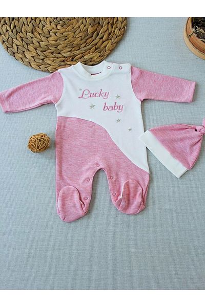 Skygo 0-3 3-6 Months Lucky Baby Embroidered Pink Girl Baby Romper with Striped Hat
