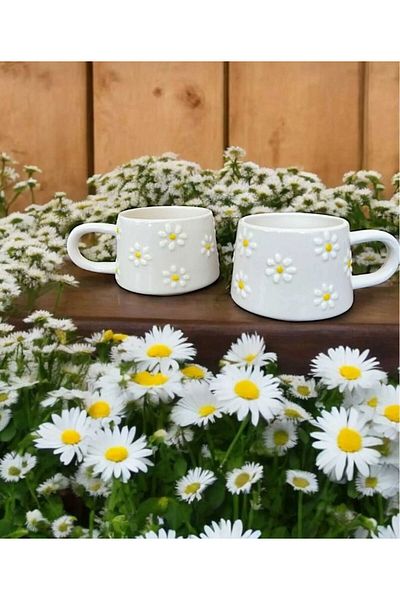 RGS HOMELİFE Set of 2 Handmade Yellow Daisy Patterned Mug Cups