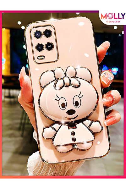 Molly OPPO A54 İçin Rose Minnie Standlı Kenarları Gold Detaylı Lüks Silikon K...