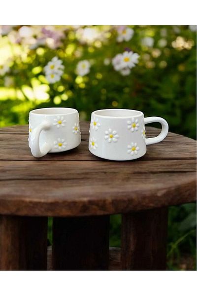 RGS HOMELİFE Set of 2 Handmade Yellow Daisy Patterned Mug Cups