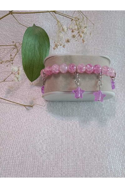 MODA MANANI Transparent Pink Beaded Bracelet with Teddy Bear Figure