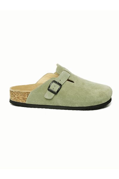 Lemoors Costa Natural Cork Sole Inside and Outside Genuine Suede Leather Green Color Sabo Slippers