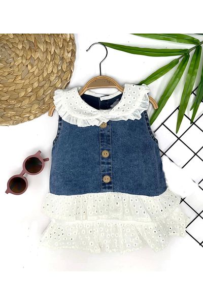 Skygo 6-9-12-18 Months Guipure Collar and Skirt Detailed Denim Pantyhose Skirt Baby Girl Dress Blue
