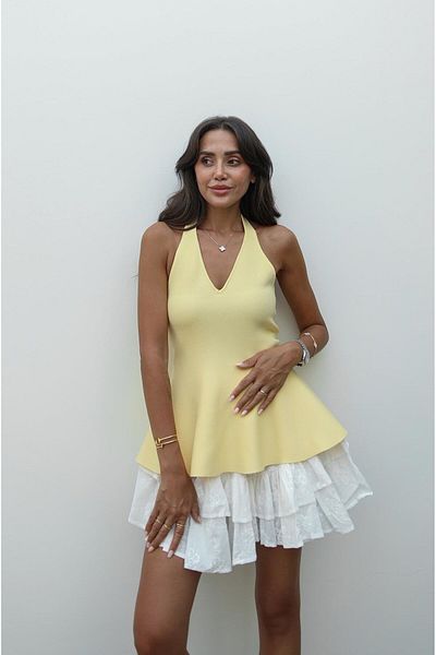 Havoş Yellow Neck Strap Peplum Knitwear Blouse