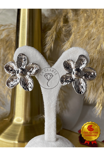 La Clarte Women's Silver Color Crushed Flower Model Earrings – Wide Form and Impressive Design