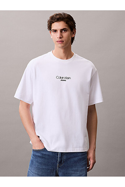 Calvin Klein Erkek Bisiklet Yaka Kısa Kol Slim Fit Ck Yaz Desen Beyaz T-Shirt...