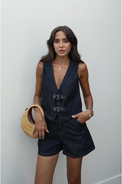 Havoş Sötét sötétkék öv részletes mellény rövidnadrág farmer szett