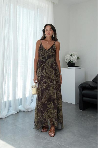 Havoş Bitter Brown Strap Shawl Pattern Chiffon Dress