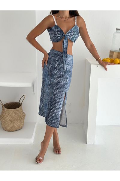 MaxiMor Women's Patterned Lycra Fabric Strap Front Tie Crop and Slit Midi Skirt Set