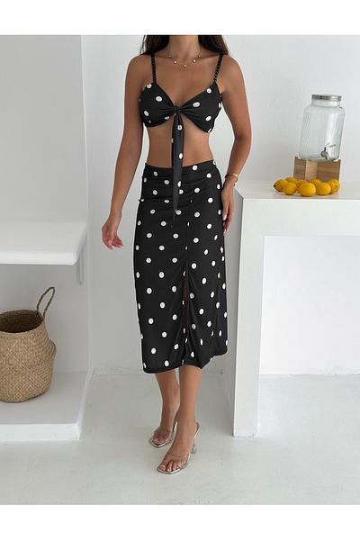 MaxiMor Women's Patterned Lycra Fabric Strap Front Tie Crop and Slit Midi Skirt Set