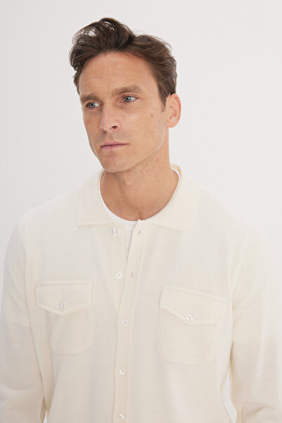 ALTINYILDIZ CLASSICS Men's Ecru Warm Wool Standard Fit Regular Cut Shirt Collar Pocket Knitwear Cardigan