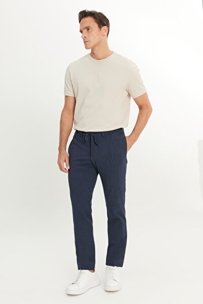 ALTINYILDIZ CLASSICS Ανδρικό παντελόνι με ελαστική μέση με μοτίβο σε μπλε Navy Comfort Fit