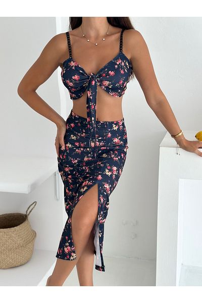 MaxiMor Women's Patterned Lycra Fabric Strap Front Tie Crop and Slit Midi Skirt Set