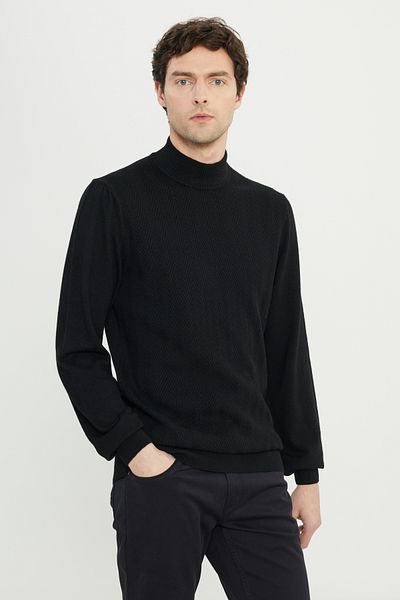 ALTINYILDIZ CLASSICS Men's Black Standard Fit Regular Cut Half Turtleneck Jacquard Wool Knitwear Sweater