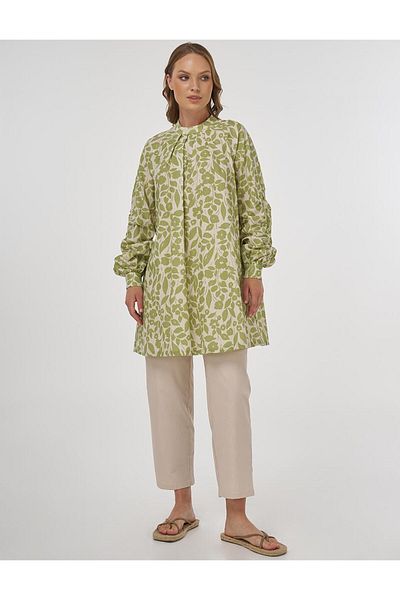 Kayra Floral Pattern Cotton Linen Tunic Pistachio Green