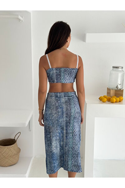 MaxiMor Women's Patterned Lycra Fabric Strap Front Tie Crop and Slit Midi Skirt Set