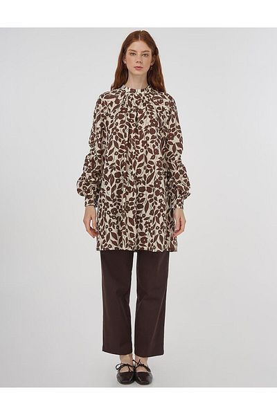 Kayra Floral Pattern Cotton Linen Tunic Dark Brown