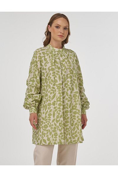 Kayra Floral Pattern Cotton Linen Tunic Pistachio Green