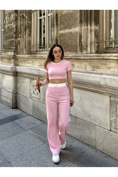 ufukmoda Crop Pants Piping Suit Pink