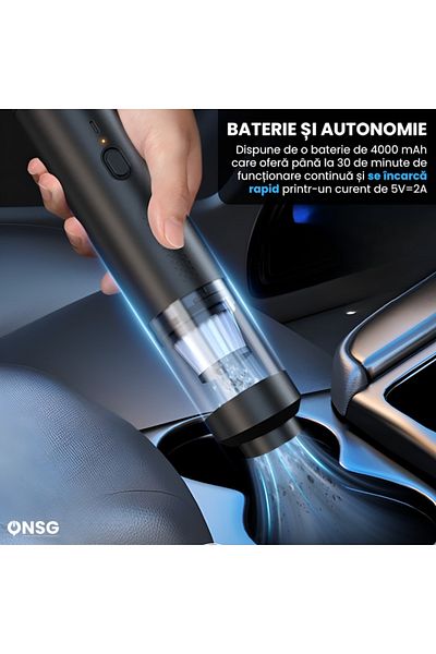 ONSG Aspirator portabil EvoClean Pro de la ONSG®, 200W, 9000Pa, Wireless, Auto și Acasă, Baterie 4000mAh