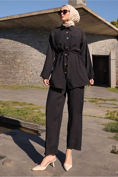 TRENDTESETTÜR Women's Black Waist Tightened Pants Suit t 9884