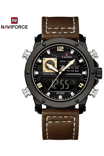 Naviforce Stylish Mens Dual Time Chronograph Watch with Black Dial Brown Leather Strap Analog Digital Display
