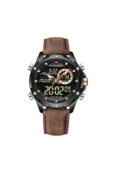 Naviforce Classic Brown Sports Digital Analog Watch for Men with Stainless Steel Case Water Resistant