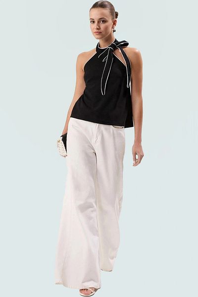 PayBuy Stylish Halter Neckline Blouse Contrast Piping Detail Summer Comfortable and Easy to Use Zarifane Design