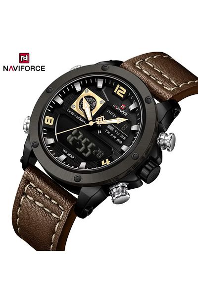 Naviforce Stylish Mens Dual Time Chronograph Watch with Black Dial Brown Leather Strap Analog Digital Display