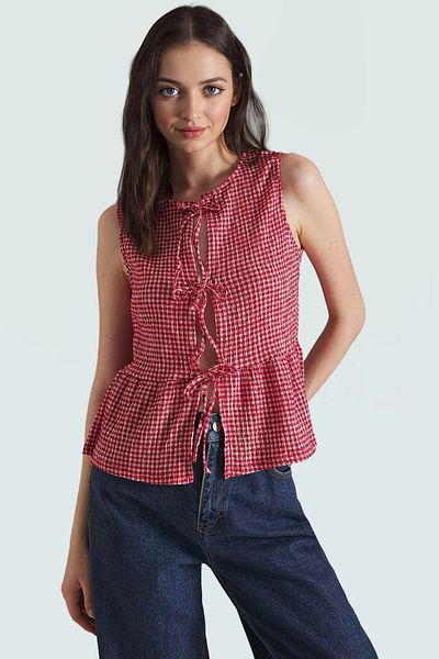 PayBuy Plaid Jacquard Lace-Up Sleeveless Blouse Summer Casual Casual Use Trend Design