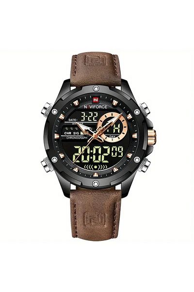 Naviforce Sport Analog-Digital Wrist Watch for Men with Leather Strap Water Resistant Multi-Function