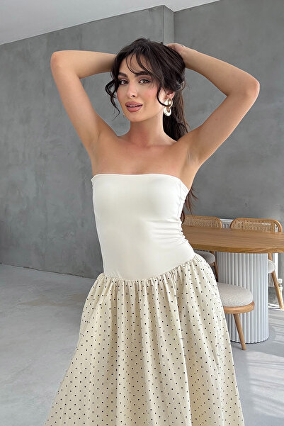 Seda Yalçın Atelier Μπεζ φούστα πουά στράπλες μακρύ φόρεμα