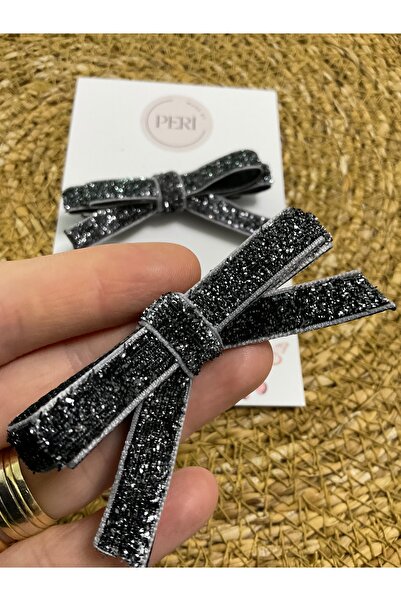 MADE BY PERİ Işıltılı Kadife Simli Kurdele Fiyonk Toka 2’li Set – Pembe / Siy...