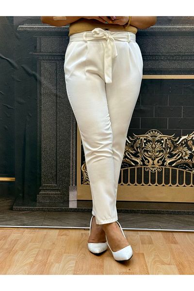 Yeşilmoda Straight Trousers, Fabric, Belt, High Waist, White, Two Batteries, Casual, Pocket, Summer, Women's Trousers
