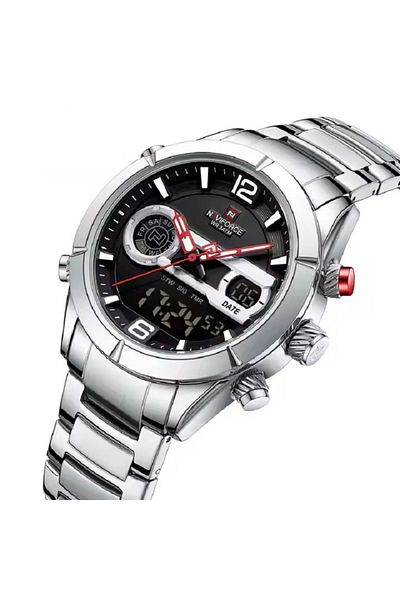 Naviforce Mens Stainless Steel Analog Digital Watch with Black Dial and Red Accents