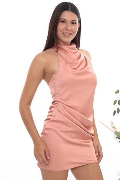 hilaltrendd Halter yaka asetat saten mini elbise