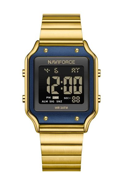 Naviforce Gold Blue Digital Watch for Men and Women Stylish Square Stainless Steel Wristwatch with