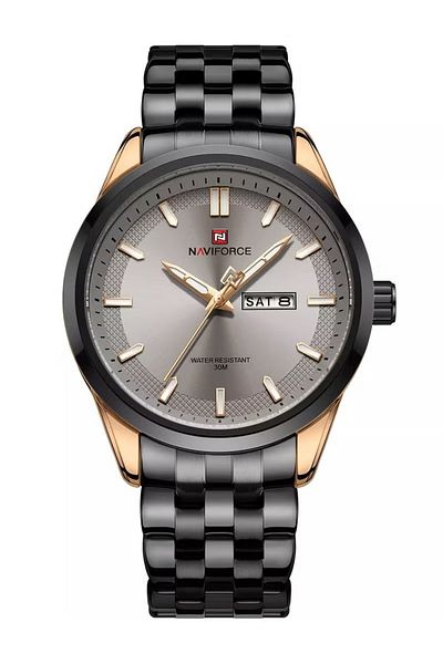 Naviforce Stylish Mens Quartz Watch with Gray Dial Two Tone Stainless Steel Strap Analog Display