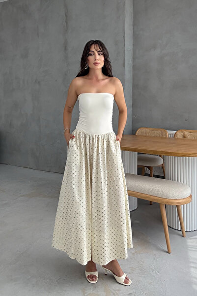 Seda Yalçın Atelier Μπεζ φούστα πουά στράπλες μακρύ φόρεμα