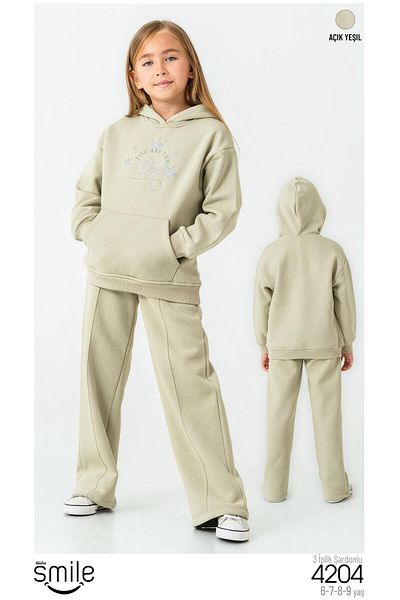 RAPAPA Girls' 3 Thread Raster Hooded Bottom Base Suit Tracksuit Set 4204Y