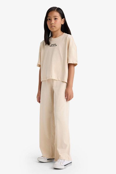 DeFacto Girls' 2-Piece Set Short Sleeve Printed T-Shirt Flexible Waisted Long Bottom F5035A825Au