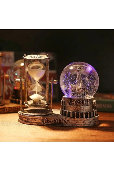 Wolawood Özel Seri Işıklı Sulu Kar Küresi & Kum Saati Biblo İkili Bitişik Takım Efektli Masaüstü Hediyelik